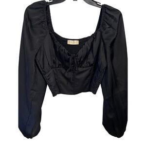 Black Satin Milk Maid-style Crop Square Off the Shoulder Neckline Lantern sleeve